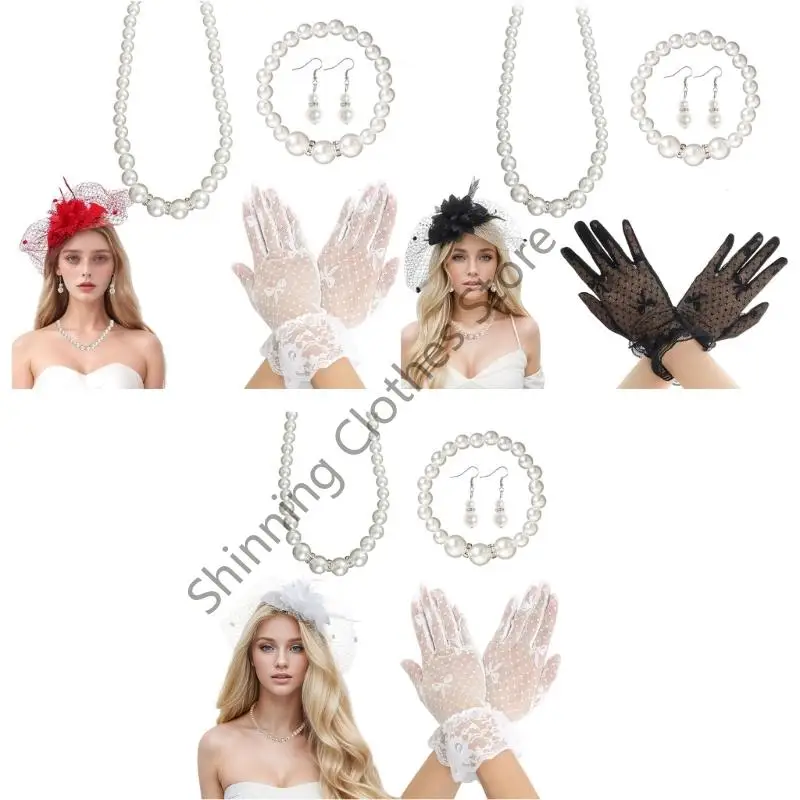 

M68A Teas Party Fascinators Hat Gloves Pearls Necklace Bracelet Earrings Teas Party Accessories for Halloween Cocktail Wedding