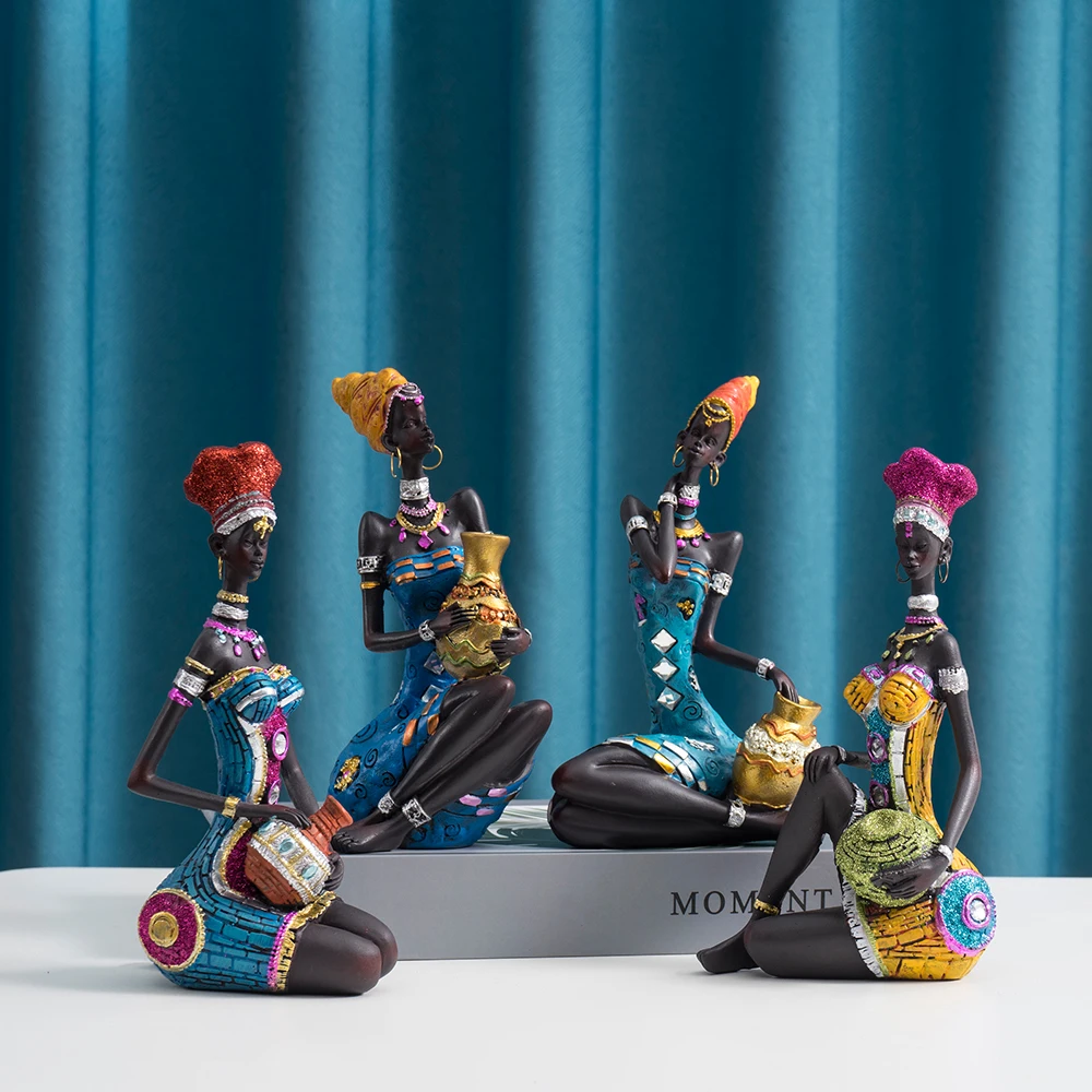 

African Black Women Figurines Home Decoration Wine Cabinet Study Room Living Room Tabletop Resin Sculpture Craft Gift Ornament