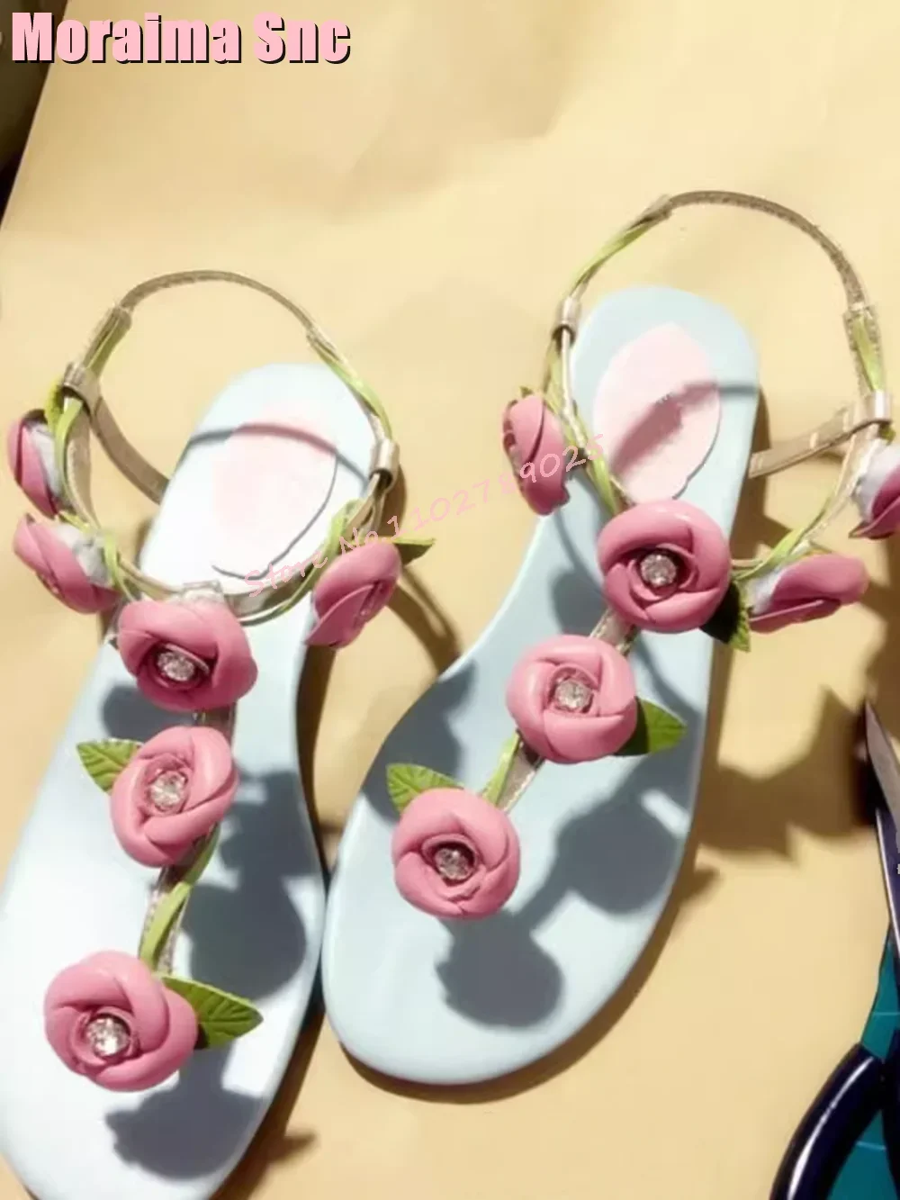 

Fashion Flowers Decor Flat With Sandals Crystal Clip Toe Ankle Buckle Strap Sexy Elegant Women's Shoes Summer Beach 2024 Newest