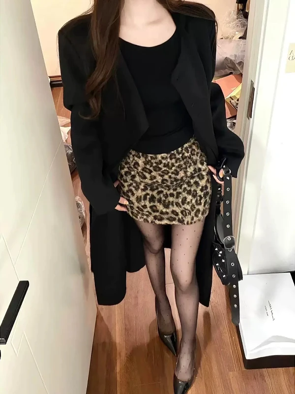 High Waist A-Line Midi Skirt Women's Leopard Print Versatile Korean Style Spring 2026 Commute Casual Other Material Skirt