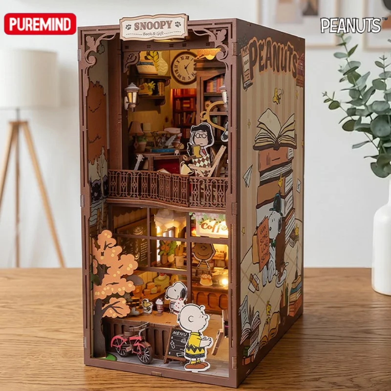 PUREMIND Snoopy Series Bookends Wooden Building Blocks Café Library Assembled Model Toy Desktop Ornament Gift