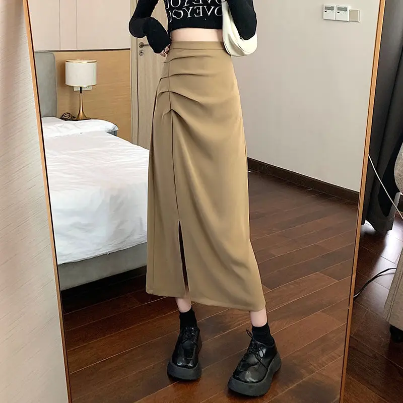 Midi Skirts Women Elegant Office Lady Folds Designed Chic Side-slit Spring Aesthetic Faldas Korean Style Daily All-match Temper