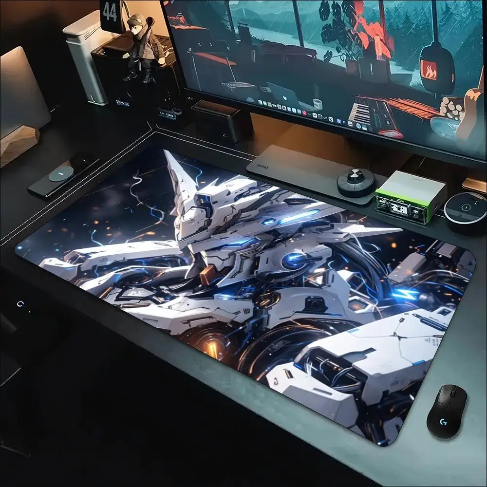 White Mecha Robot Blue Glowing Light Sci-Fi Armor Gaming Mouse Pad XXL Non-Slip Rubber Base Stitched Edge for Streamers