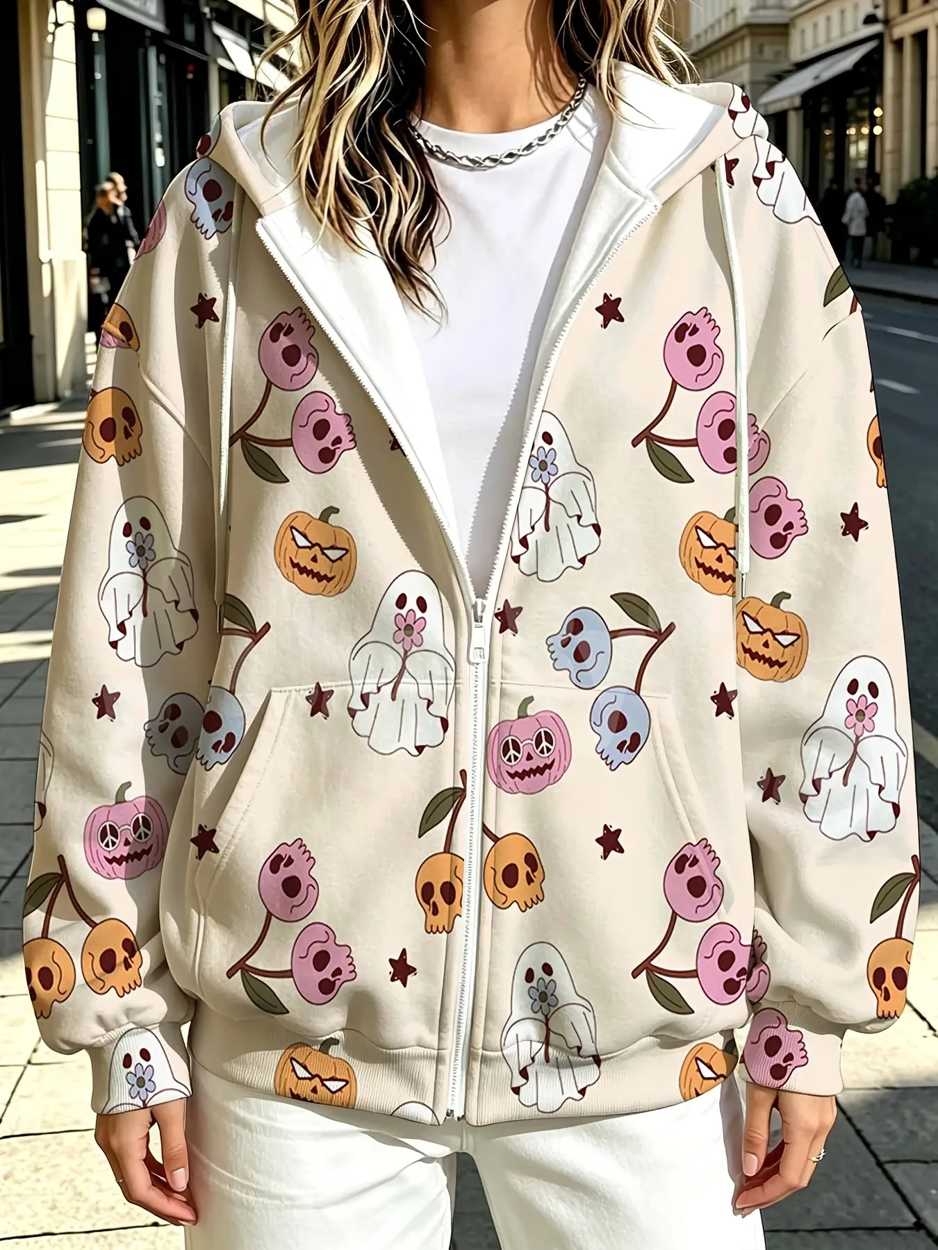 2026 autumn and winter new style women's zipper hooded sweater with 3D pencil pattern print street casual and comfortable