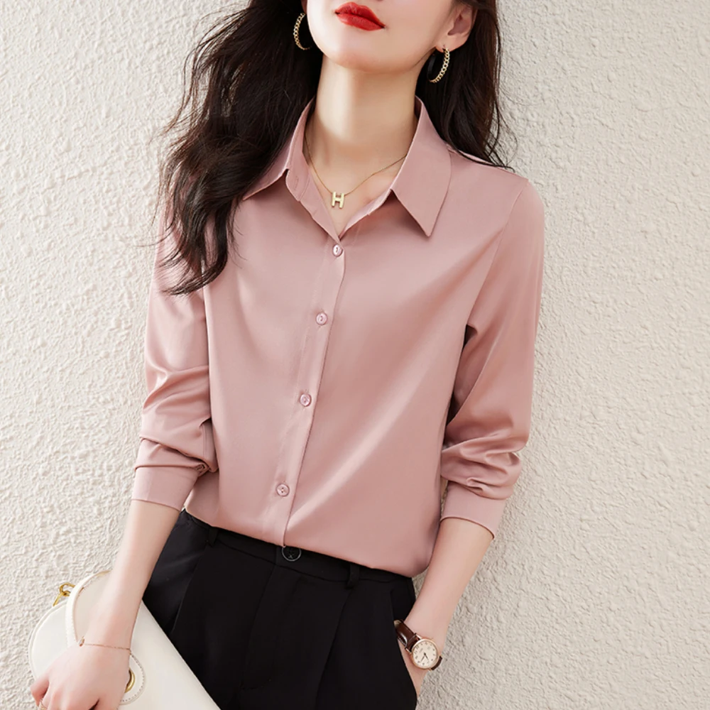 Office Lady Elegant Solid Satin Shirts OL Style Basic Tops Long Sleeve All-Match Women\'s New Fashion Casual Button Shirts Women