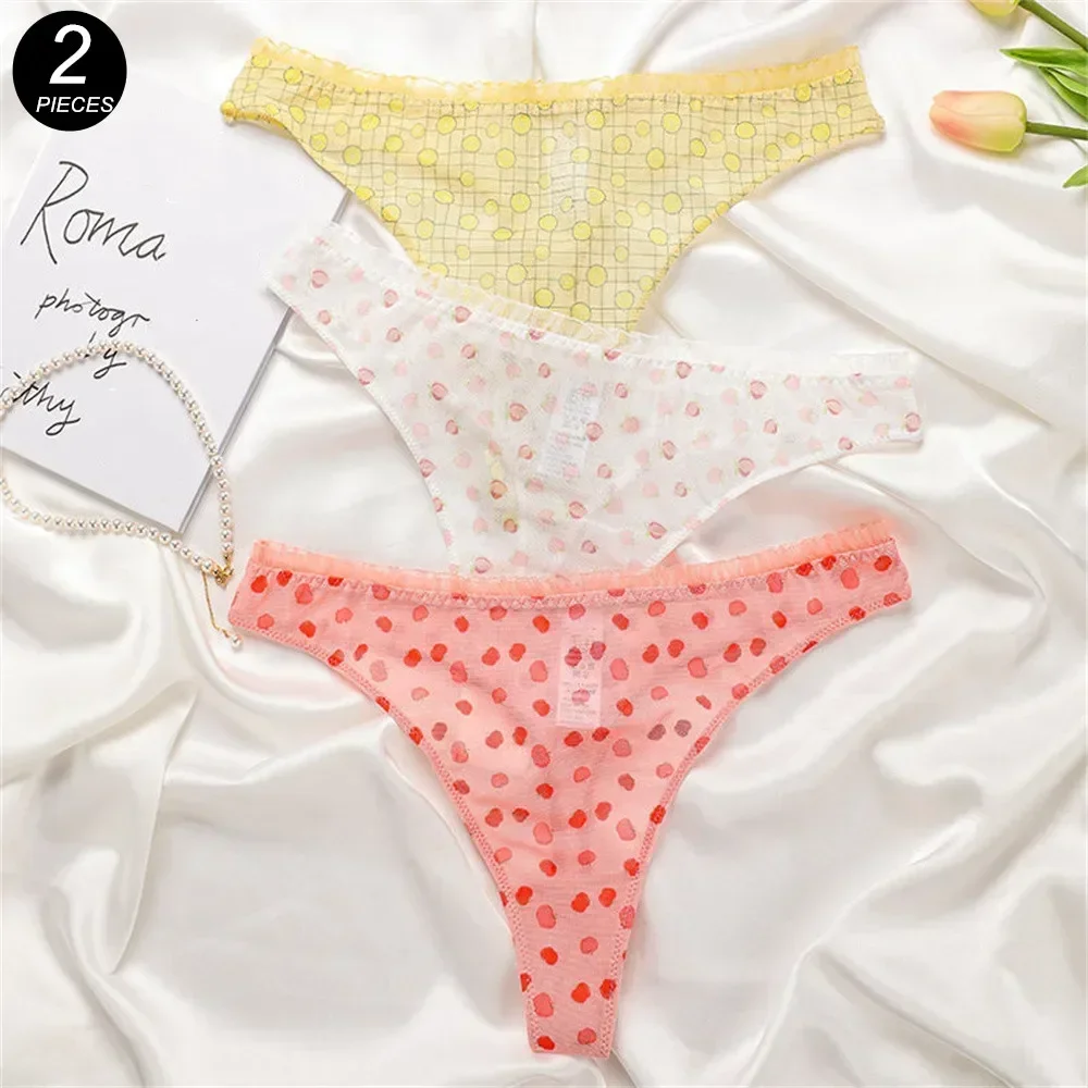 2pcs Lemon/Apple/Peach Sexy T-back Women's Underwear Fruit Printed Sexy Lace Thong Tangas Cotton Crotch Girl's T-pants