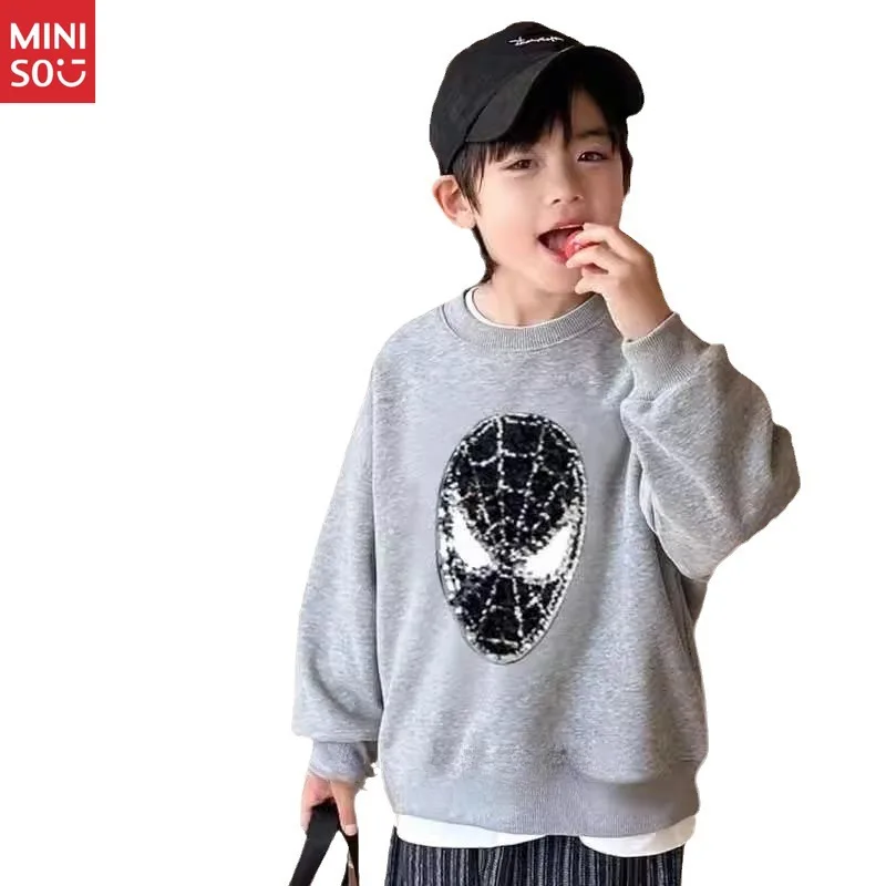 تي شيرت Miniso Boys Glitter Color Change Spider-Man Kids Winter، بأكمام طويلة من الصوف