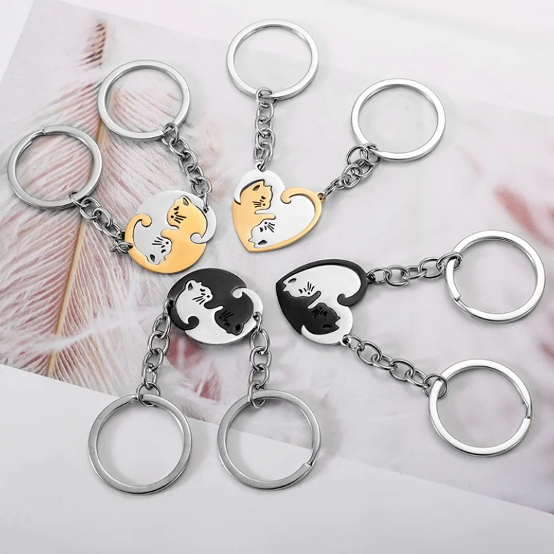 2pcs Black Cat Heart Shaped Love Combine Keychains White Stainless Steel Pendant Couples Anti Loss Keyrings Bag Accessories Gift