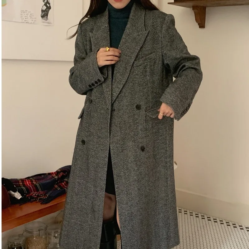 

Double-Breasted Woolen Suit Jaet Dongda Gate Middle-Length Women's Faion Commute Sle Casual Long Sve Coat