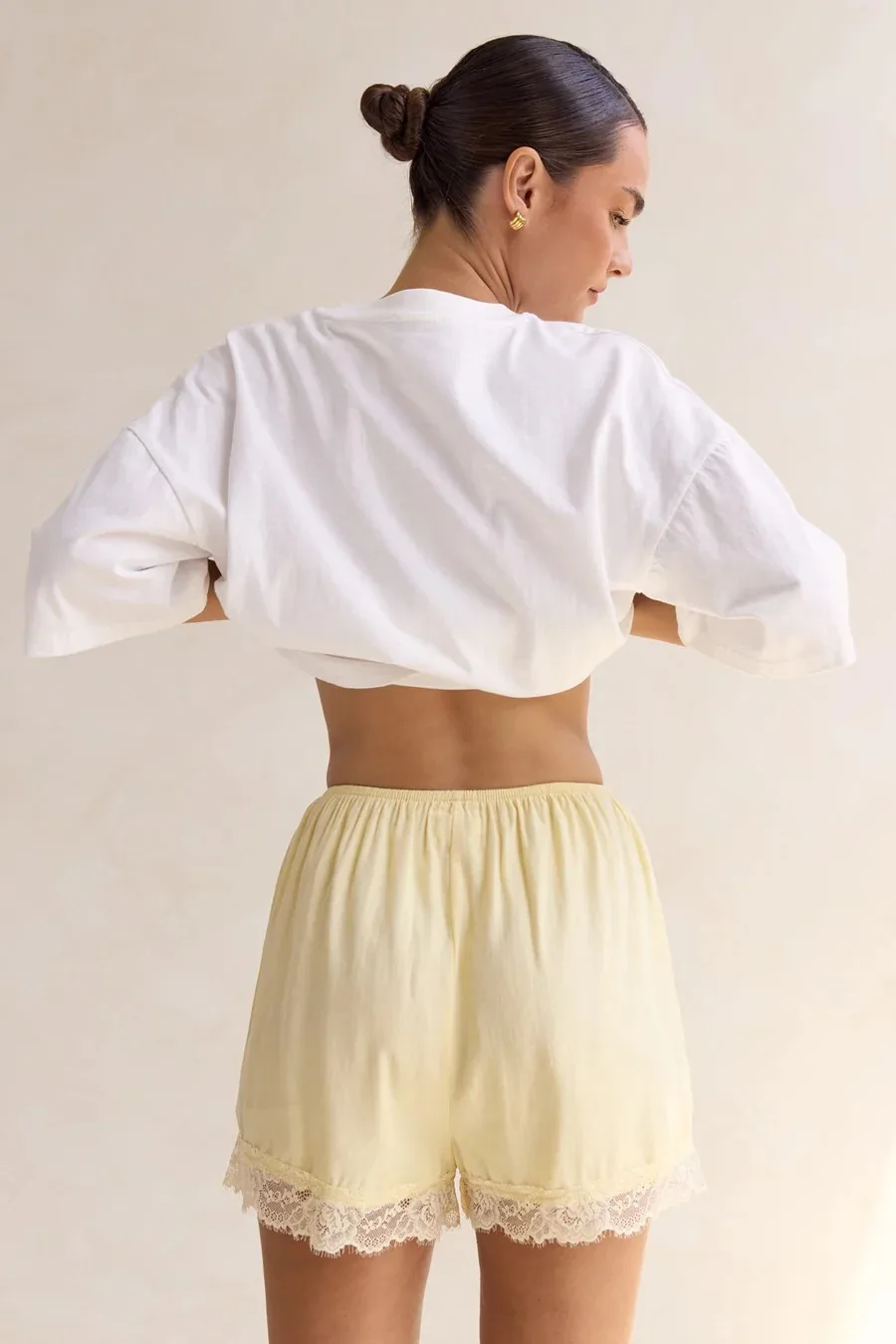 Elevate Your Summer Style with Lace Patchwork Shorts in Chocolate and Yellow!