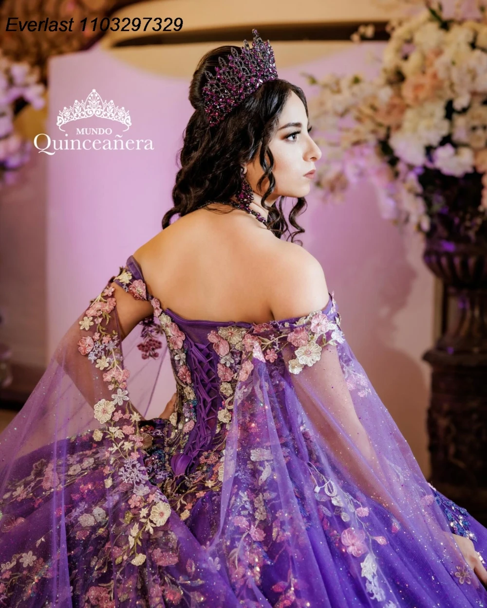 EVLAST Customized Purple Quinceanera Dress Ball Gown Colorful Floral Applique Beading Cape Sweet 16 Vestido De 15 Anos TQD988