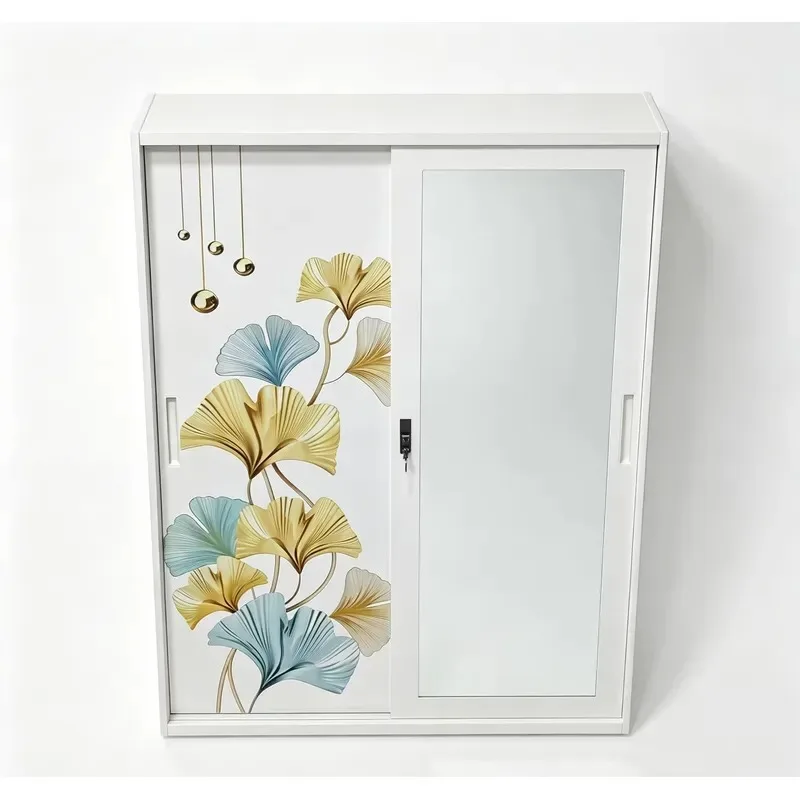 Double Sliding Door Metal Wardrobe with Mirror Steel Locker for Household Bedroom Storage