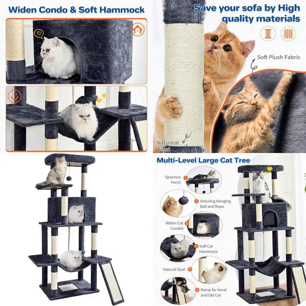 

63-inch Multi-Level Cat Tower with Sisal Scratching, Hammock, Condo, and Play Platform in Grey