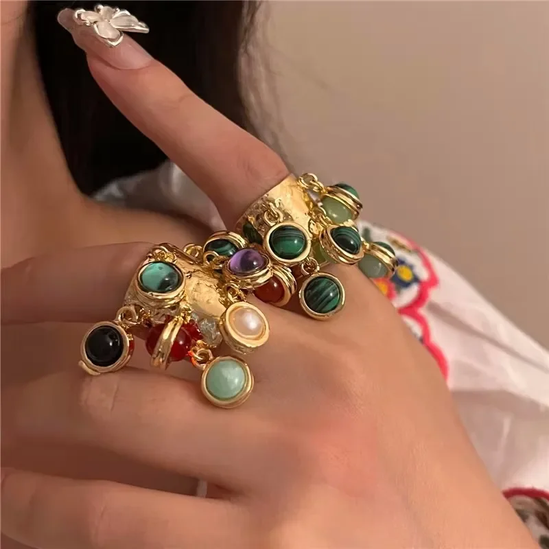 Vintage Natural Stone Malachite Glass Multi-pendant High-grade Fringe Open Ring Women\'s Wedding Party Jewelry Jewelry