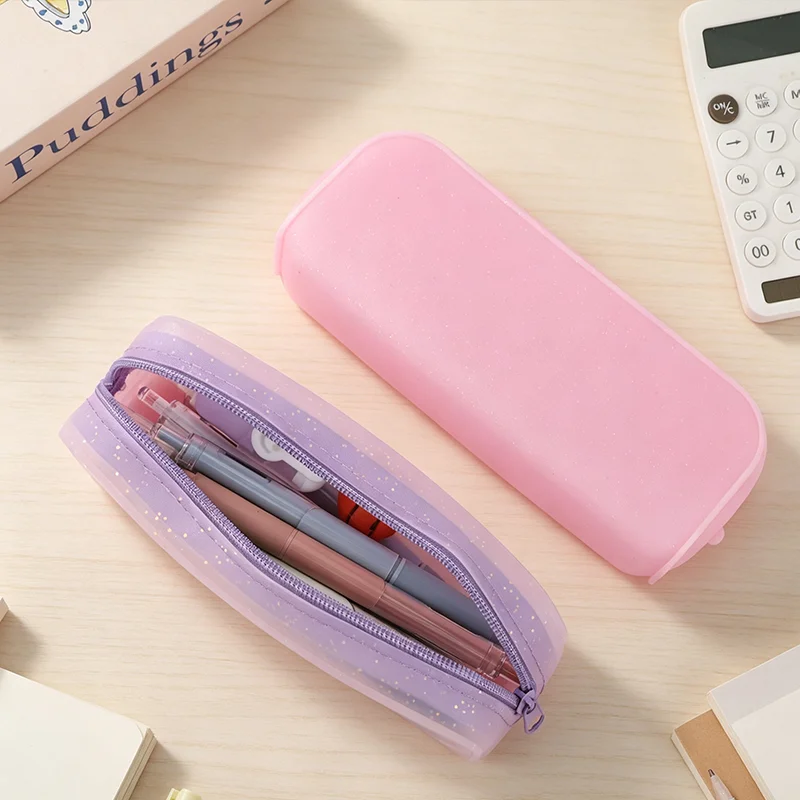Shimmer Silicone Pen Bag Washable Lightweight Pencil Pouch Portable Stationery Organizer Multicolor for School Office Supplies