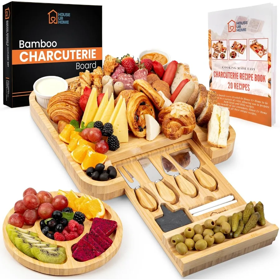 

Large Bamboo Charcuterie Boards Gift Set with Hidden Drawer Side Fruit Tray Cheese Knife Set Ceramic Bowls Recipe Book House Wa