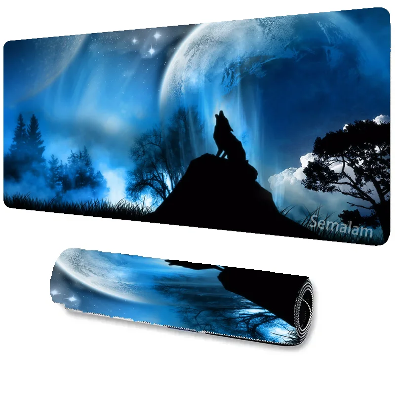 

Blue Starry Sky Moon Desk Mat Cool Wolf Gaming Mouse Pad Non-slip Rubber Base Precise Seam Washable Playmat Pads for Game Office