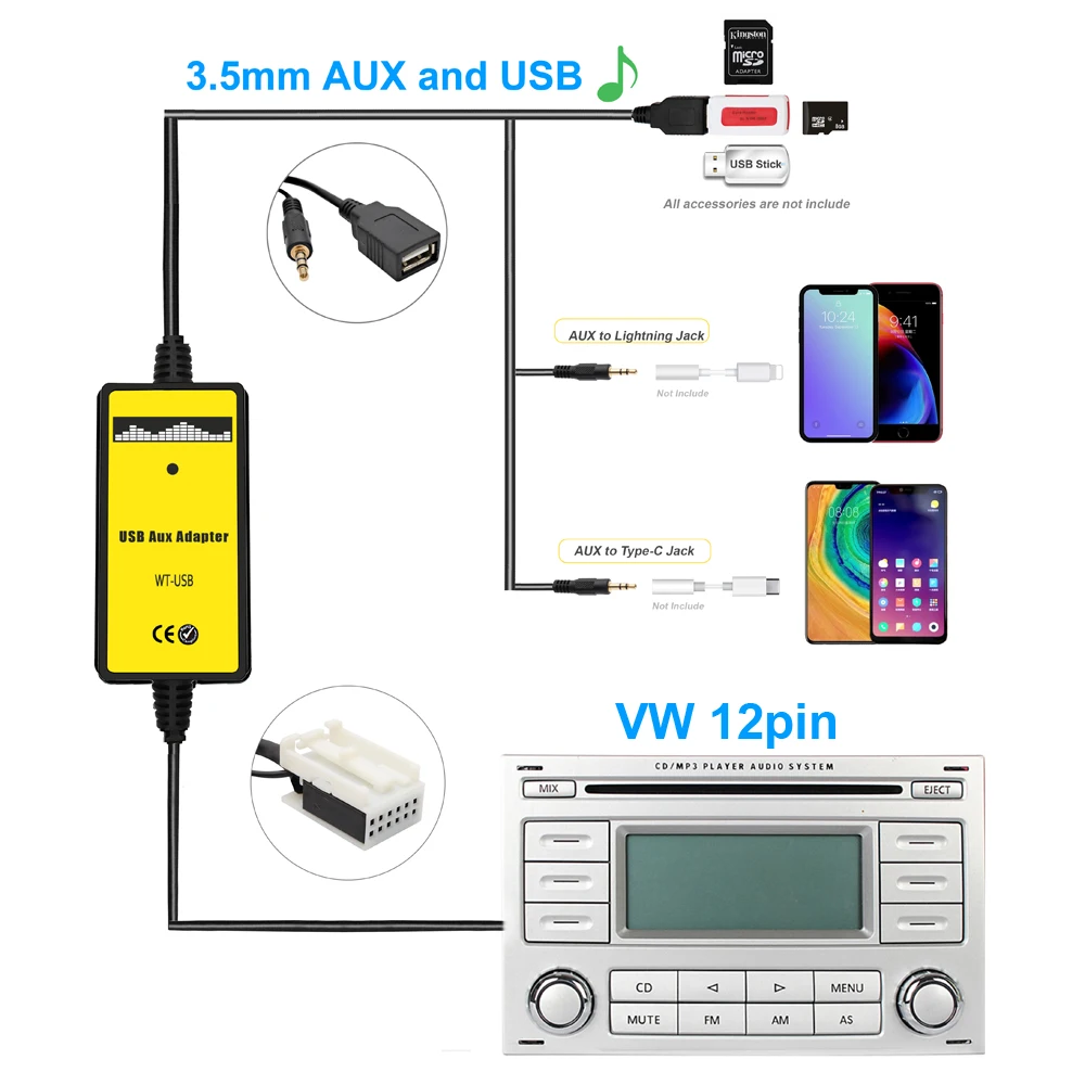 Moonet Car MP3 CD Changer USB AUX Input Adapter for Audi & Volkswagen Tiguan Touran T5 Golf Passat Skoda (12pin)