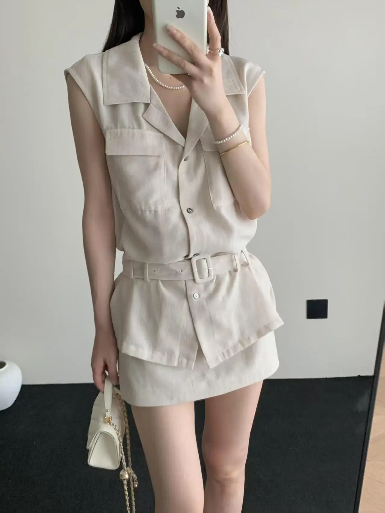 

Cherry Blossom Color Women's Suit Summer Design Notched Lapel Single Button Sleeveless Shirt High Waist Skirt Two-Piece Set