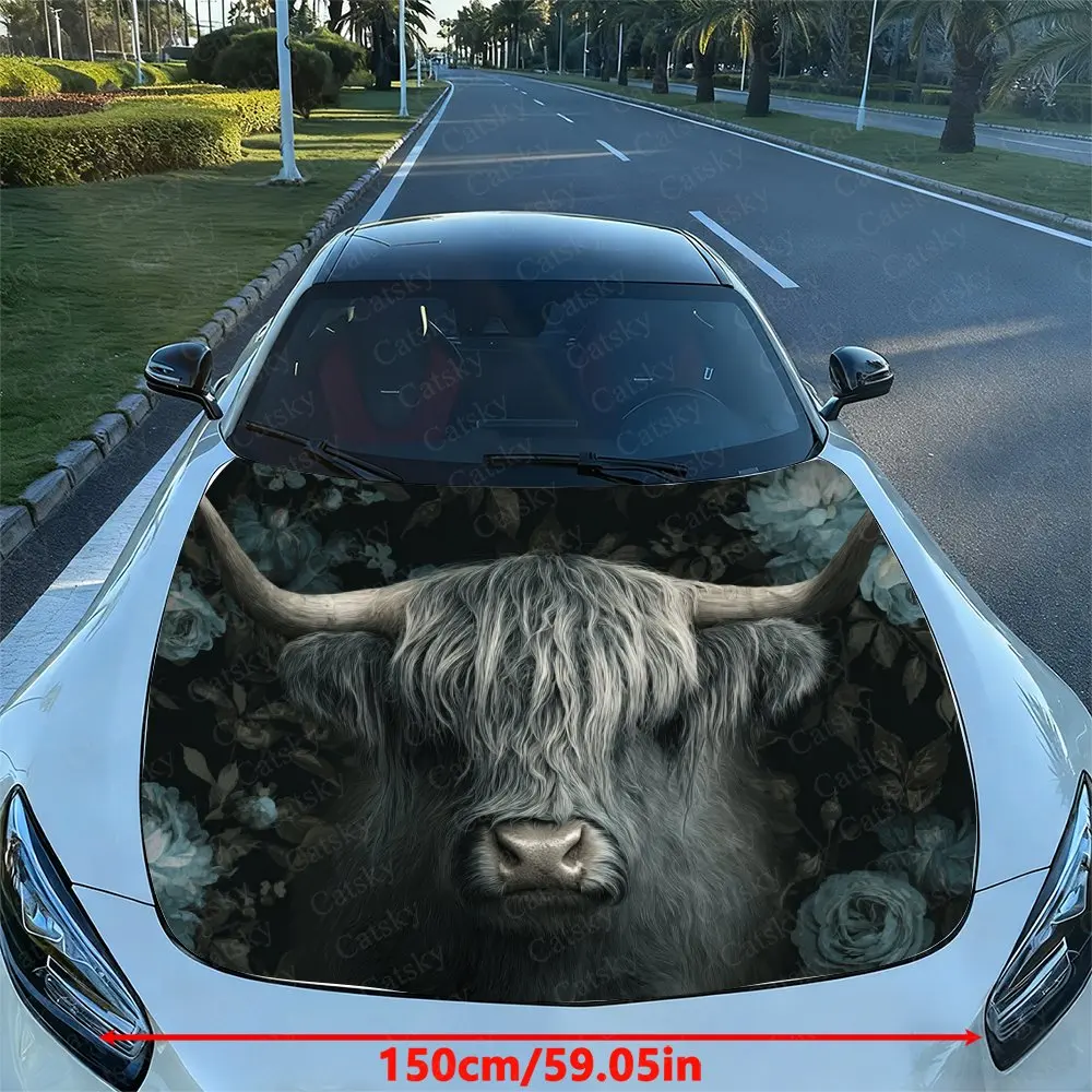 Blue Rose Highland Cattle Car Hood Stickers, Easy To Remove And Durable Car Parts, PVC Material Hood Stickers, Self-adhesive Wat