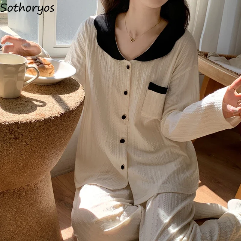 Autumn Pajama Sets Women Home Casual Soft Panelled Sleepwear Gentle Korean Fashion All-match Pockets Lounge Пижама Женская Daily