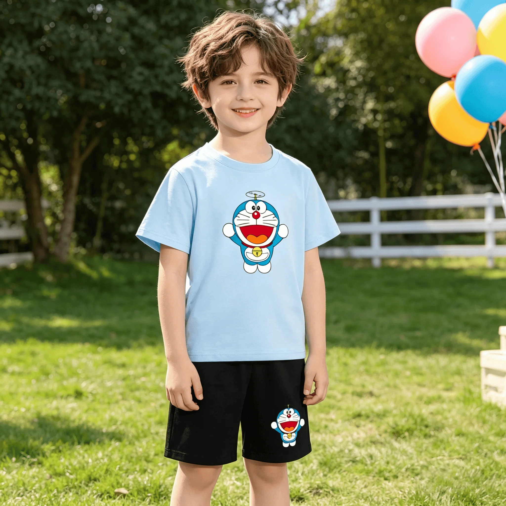 

kids Summer Doraemon Dingdang Cat Robot Cat Short Sleeve Breathable Quick Drying Parent T-shirt + Shorts Leisure Children's Sets