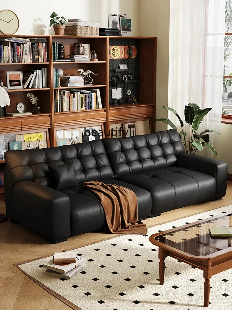 Skórzana sofa do salonu w stylu chińskim, francuska, retro, z wysokim oparciem, czarna sofa