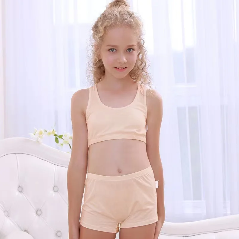 Round Yuan Growing Girl Bra Boxers Pink White Black Red Beige Soft Healthy Female Cotton Boxers Bra Tops Size 140-170