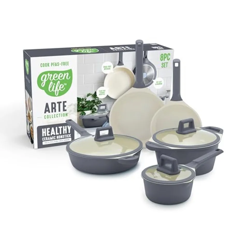 

8 Piece Ceramic Nonstick Cookware Set Induction Suitable Non Toxic PFAS-Free Pots Pans Dishwasher Safe Cooking Set Stock Pot Sa