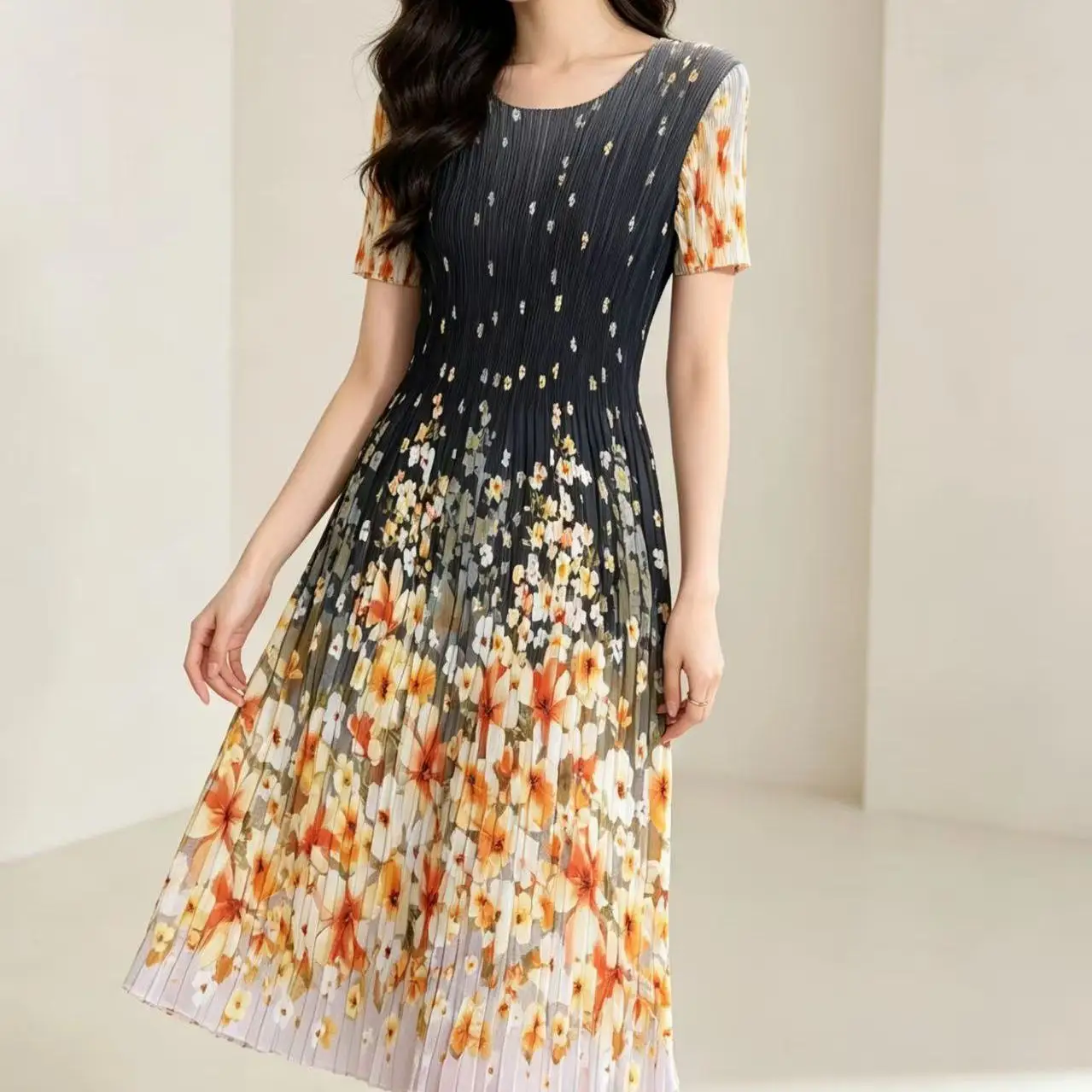 

Pleated Summer Fashion Middle-aged Mom Large Size Loose Skinny Skirt dress for women sexy dress