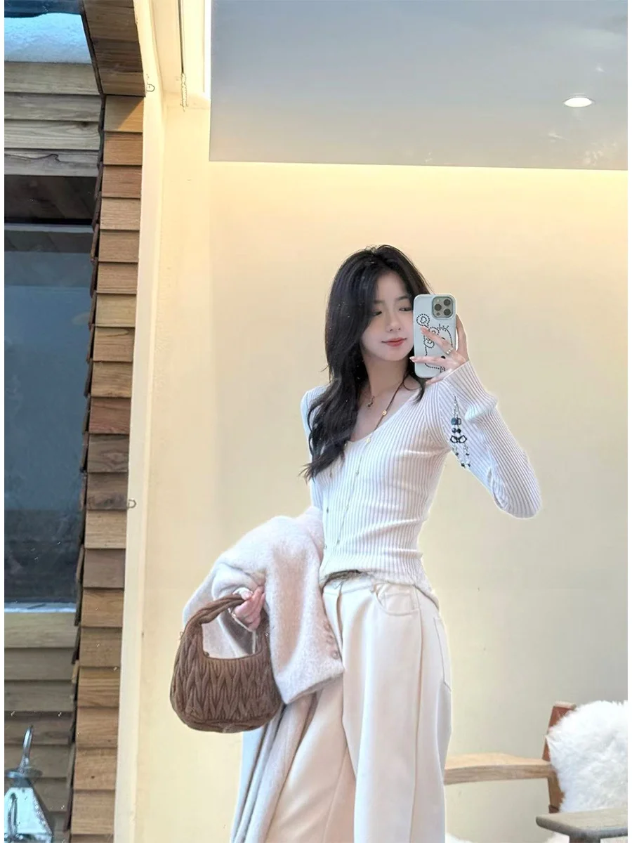 

Linziqiu Women's Slim Fit Long Sve V-Ne Knitted T-irt Pink Casual Sle Inner Wear Top Comfortable Design Sense