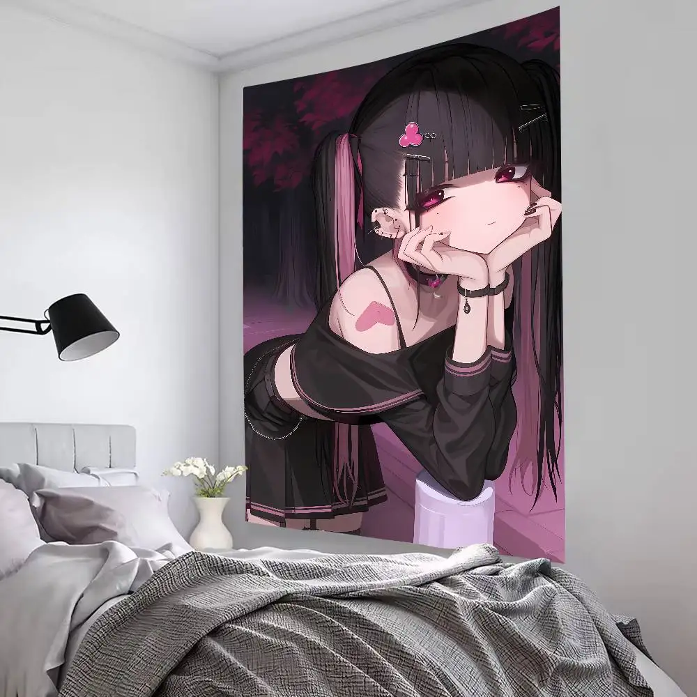 Anime Goth Girl Tapestry Dark Pink Aesthetic Wall Hanging, Harajuku Punk Style Wall Black Background Manga Girl Wall Home Decor