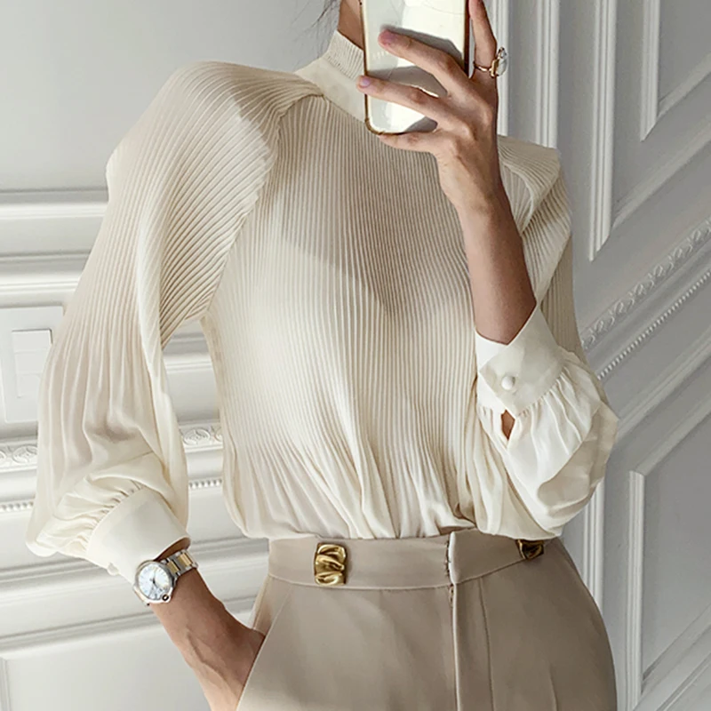 Nomikuma Korean Pleated Perspective Blouse Shirts Casual Ruffle Stand Neck Blusas Elegant Lantern Long Sleeve Pullover Top 6D763