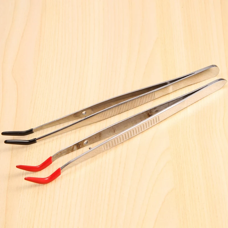 2 PCS Tweezers Curved Bent Rubber Tip Tweezers Stainless Steel Crafts Tweezers For Lab Jewelry Making