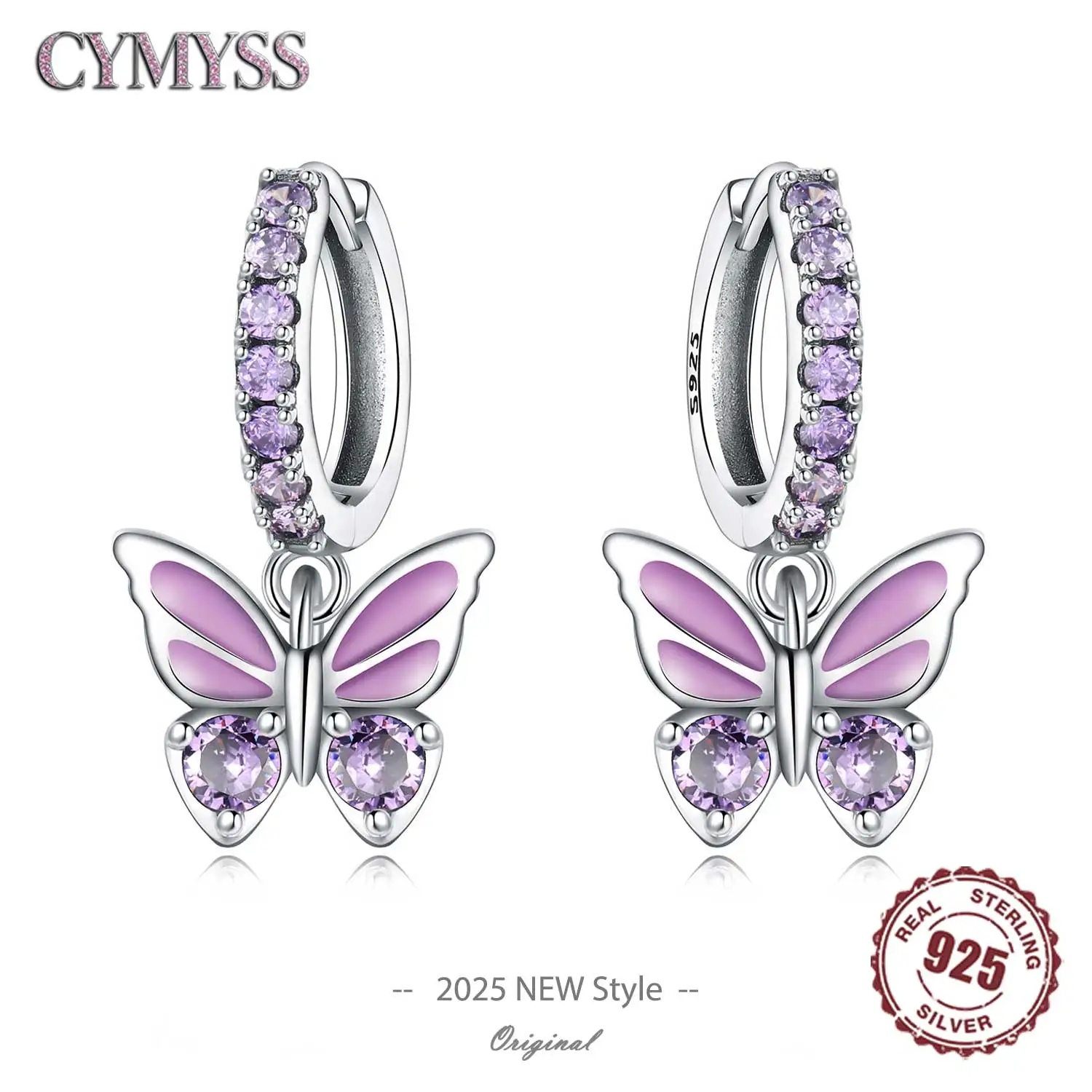 

CYMYSS 2025 New 925 Sterling Silver Purple Butterfly Earrings Insect Element Design Women's Party Jewelry Gift Charm Ear Loops