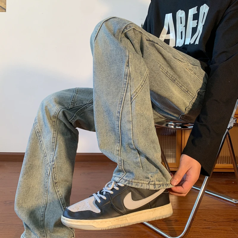 

Retro Men's Denim Jeans Loose Wide Leg Straight Long Pants Autumn Winter American High Street Trendy Brand Street Sle Cool