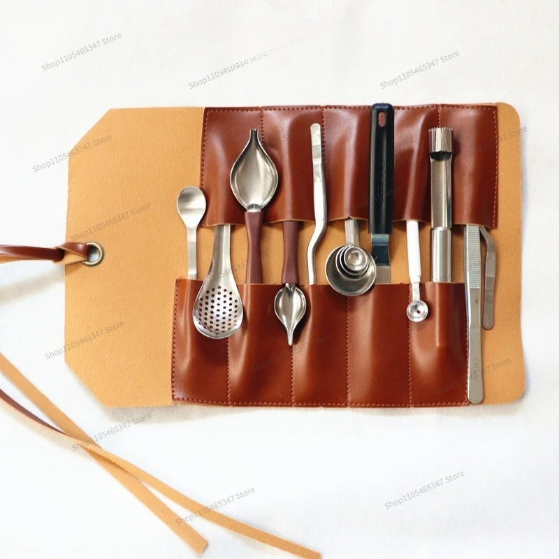For  Western Food Plating Tweezers Set Sauce Painting Spoon Tool Leather Storage Bag Molecular Cooking Stainless Steel