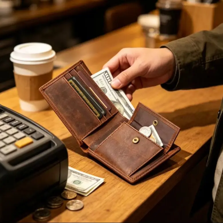 Retro men's leather wallet short first layer cowhide change bag anti-theft brush wallet wallet