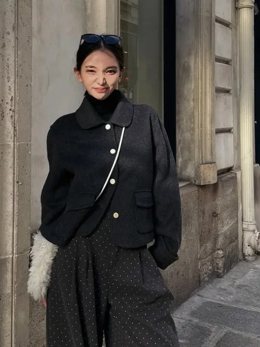 

Ele ort Woolen Jaet Women's Faion Simple Match Korean Sle Thiened Winter Coat Korean Version Lapel Single Button