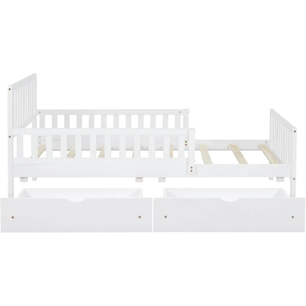 Children\'s bed.Kids Twin Bed with GuardrailsLow Platform Bed with Headboard and Footboard,White Children Bed Frame with2Drawers