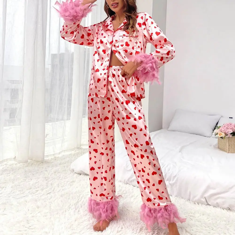 Women Valentine Day Pajama Set Women's Heart Print Pajama Set with Fluffy Feather Decor Wide Leg Elastic Waist for Comfort