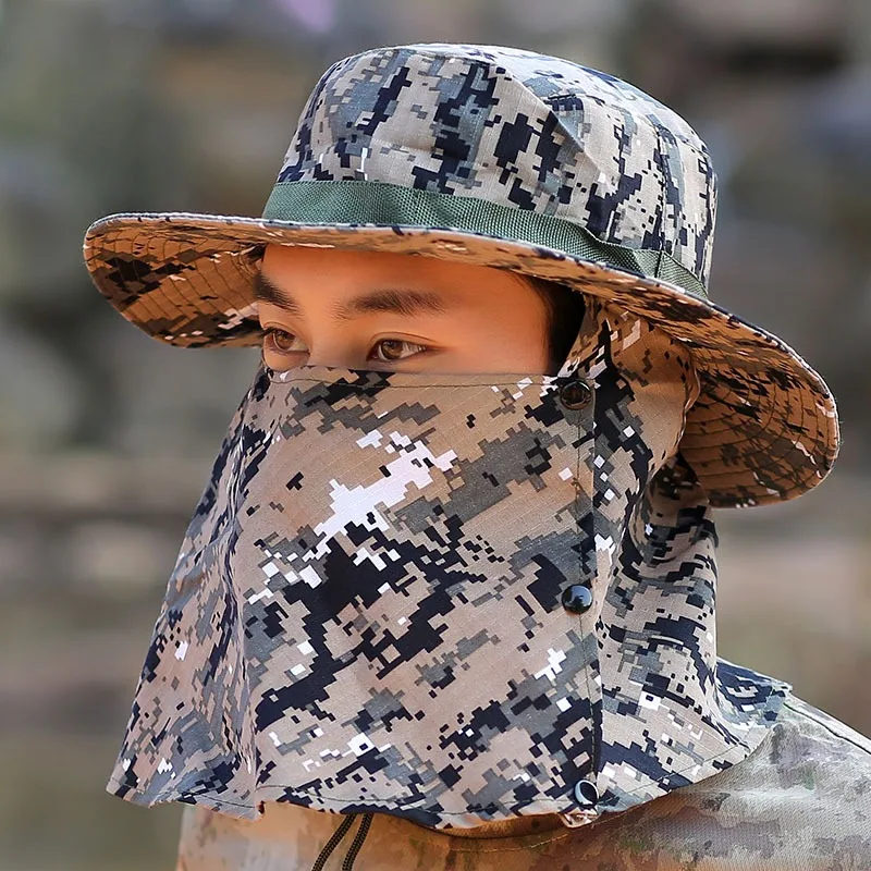 Hat men's summer sun shading fishing sun hat camouflage windproof sun shading fisherman hat outdoor mountaineering