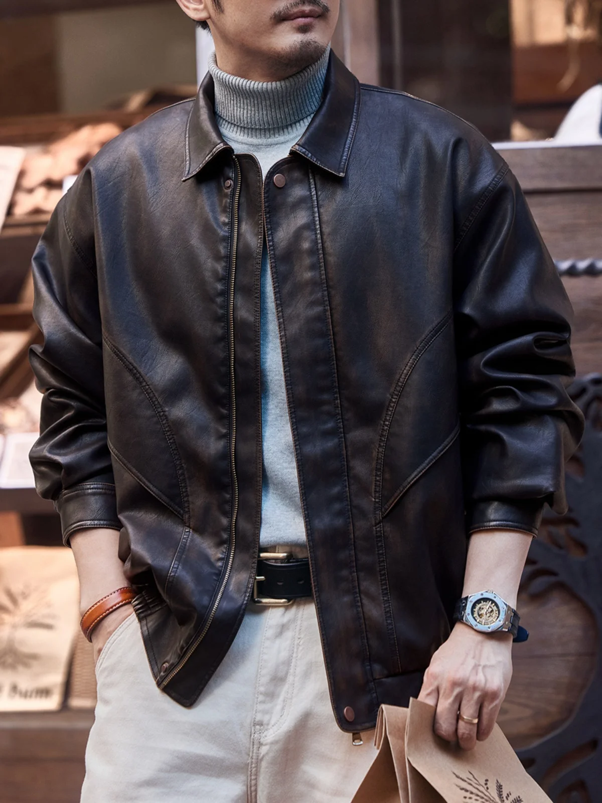 

avel Deer High-End Men's Leisure PU Leather Jaet Loose Fit Biker Sle Autumn Outerwear Cool And Haome Coat