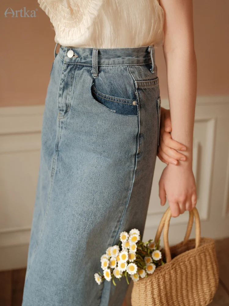 ARTKA 2022 Summer New Women Skirt Fashion Casual Midi Retro Washed Denim Skirts High Waist A-Line Straight Skirt Female QN29025X