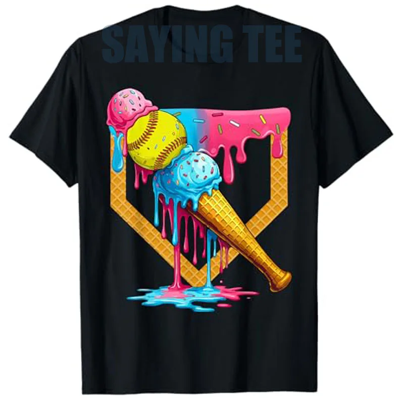 Cute Ice Cream Softball Home Plate Drip Game Day Softball T-Shirt Sportswear Clothes Summer Fashion Holiday Apparel Novelty Gift