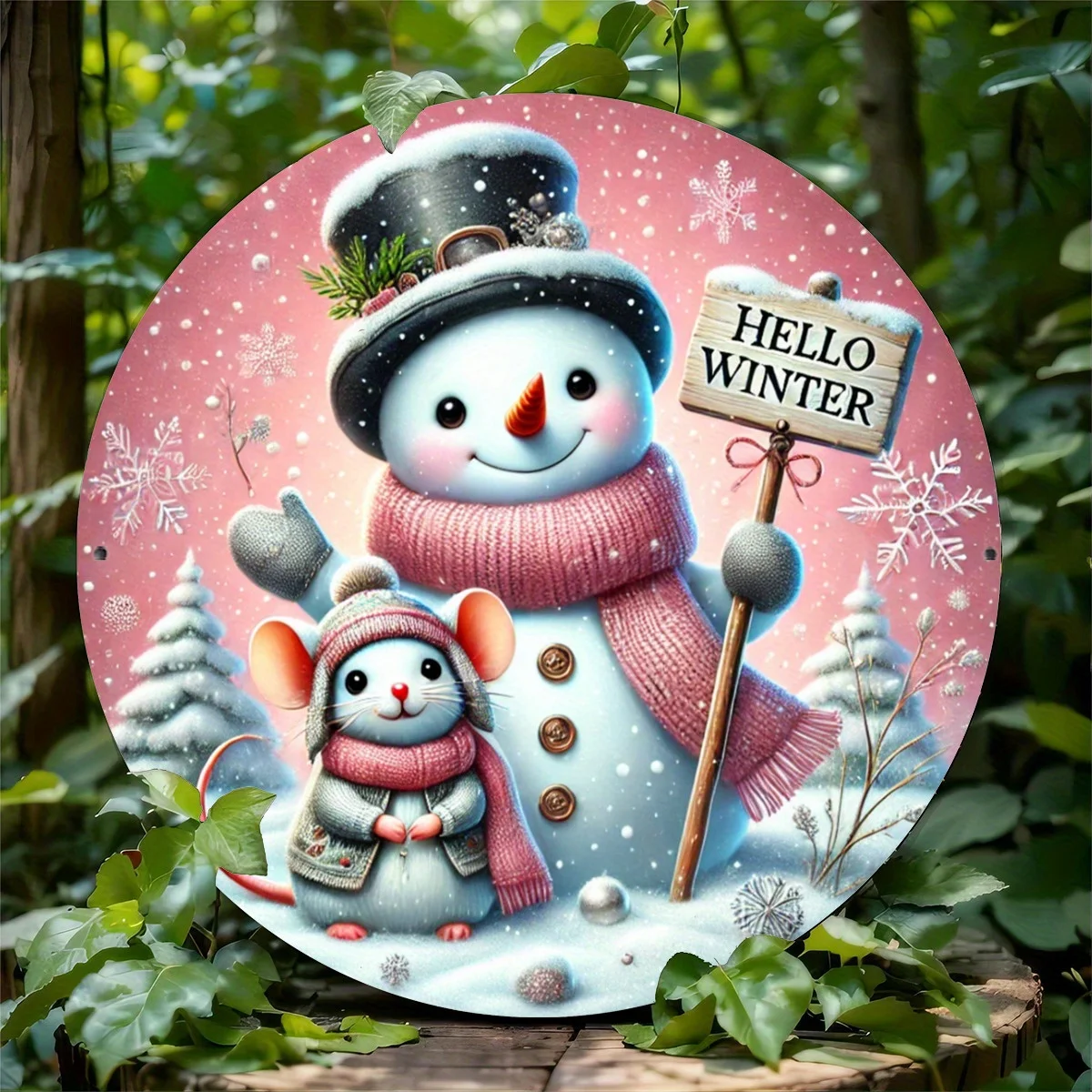 A Single Round Aluminum Sign Featuring a Pink Snowman And Mouse Theme, Easy to Hang Wall Decoration, 7.8-Inch Multifunctional Wr