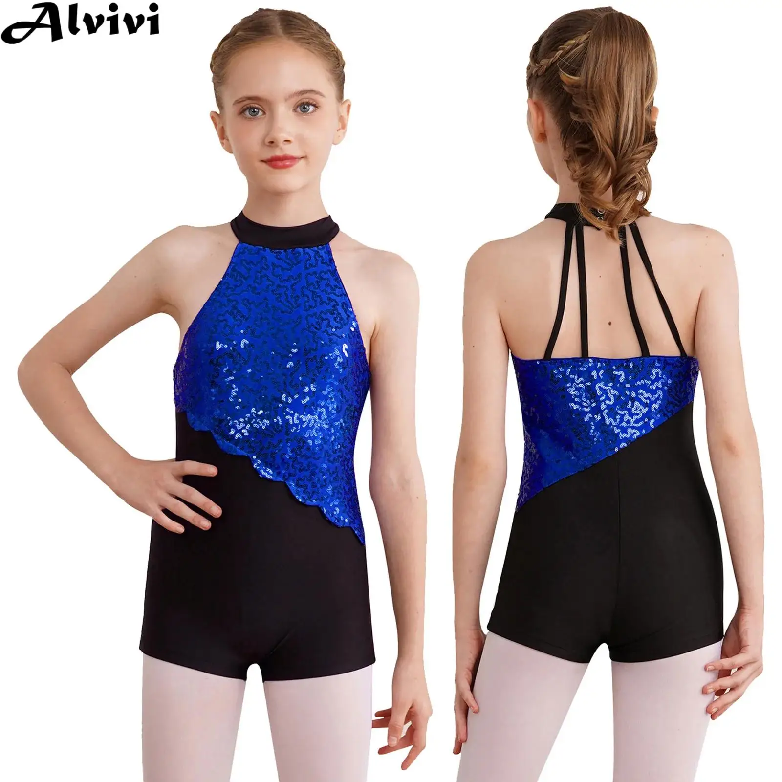 Teen Girls Ballet Dance Leotard Figure Skating Rhythmic Gymnastics Stage Performance Dancewear Sleeveless Shiny Sequins Bodysuit