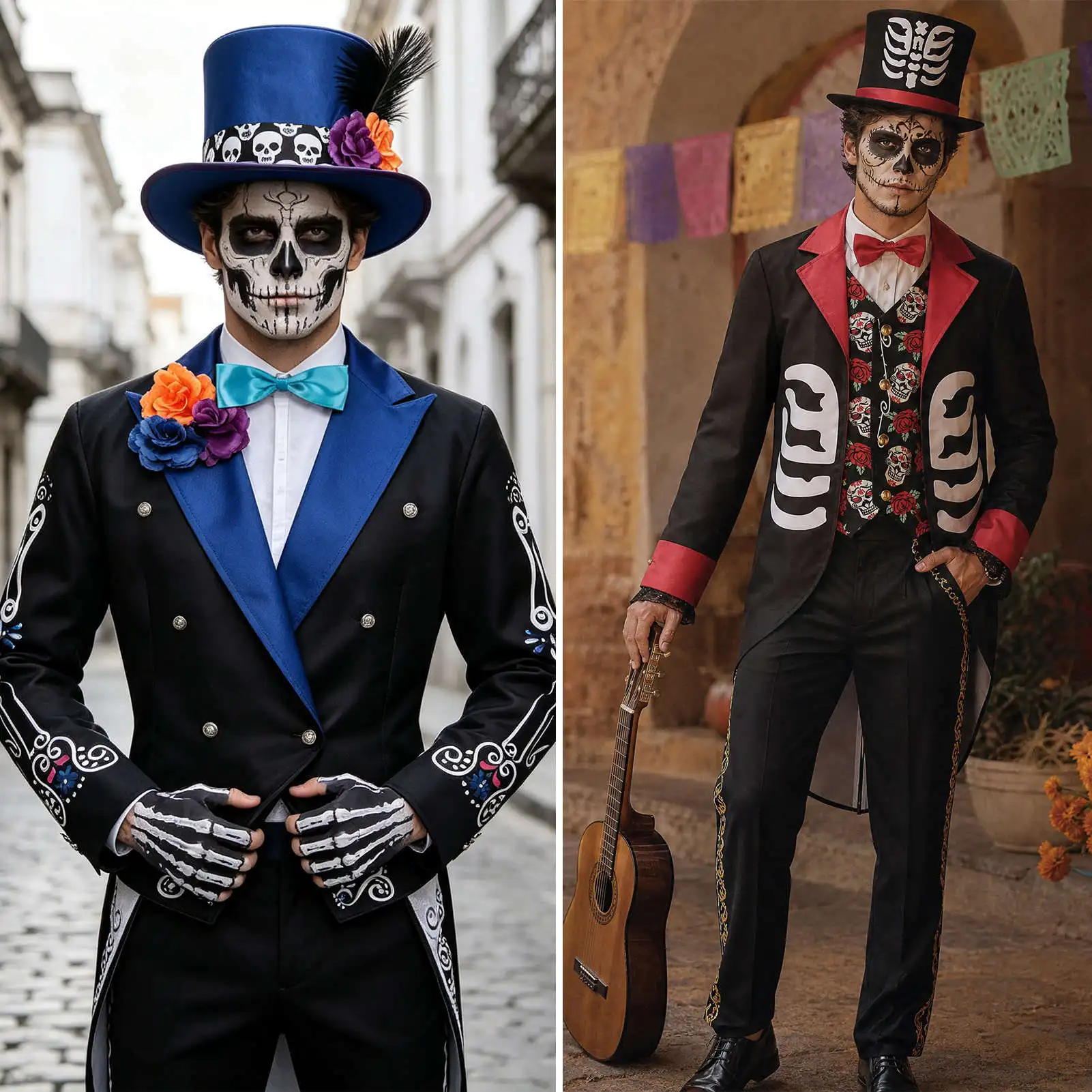 Kostium na Halloween dla dorosłych mężczyzn: tuksio w stylu meksykańskim, idealny na karnawał, cosplay, Dzień Zmarłych, elegancki frak, strój na imprezę, kostium na bal.