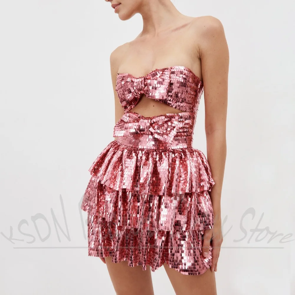 Brilhante lantejoulas vestidos femininos chique sem alças em camadas plissado mimi vestidos de baile moda sem mangas simples arco vestidos de festa à noite