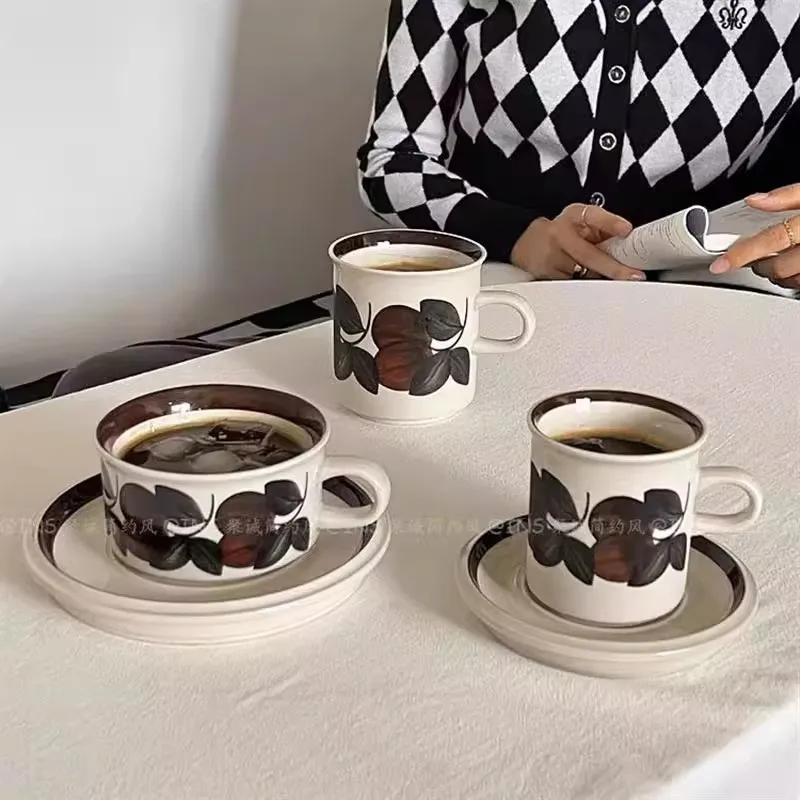 Chinese Style Ceramic Coffee Cup Disc Brown Hand-Drawn Sea Anemone Latte Coffee Cup Retro French Style Afternoon Tea Cup Disc
